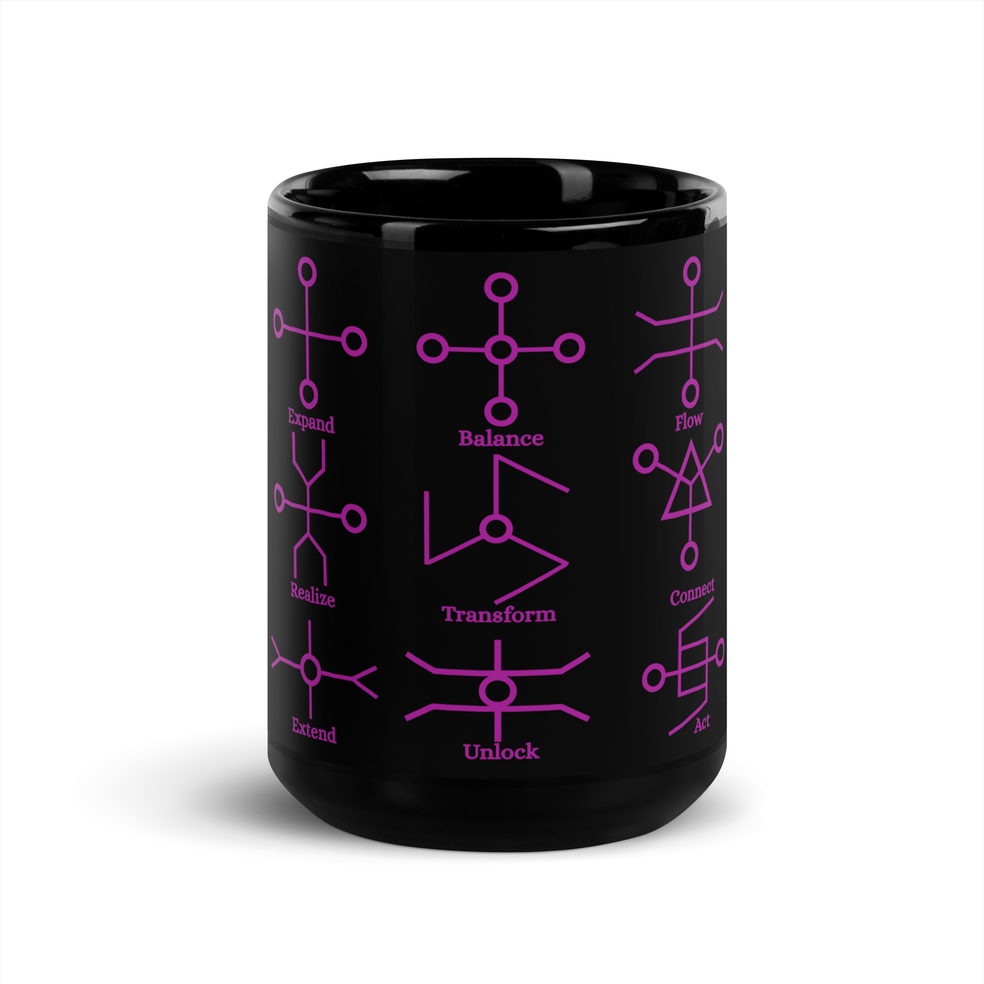 Black Glossy Mug with 15 Sacred Circuitry Glyphs - The Conscious Brew